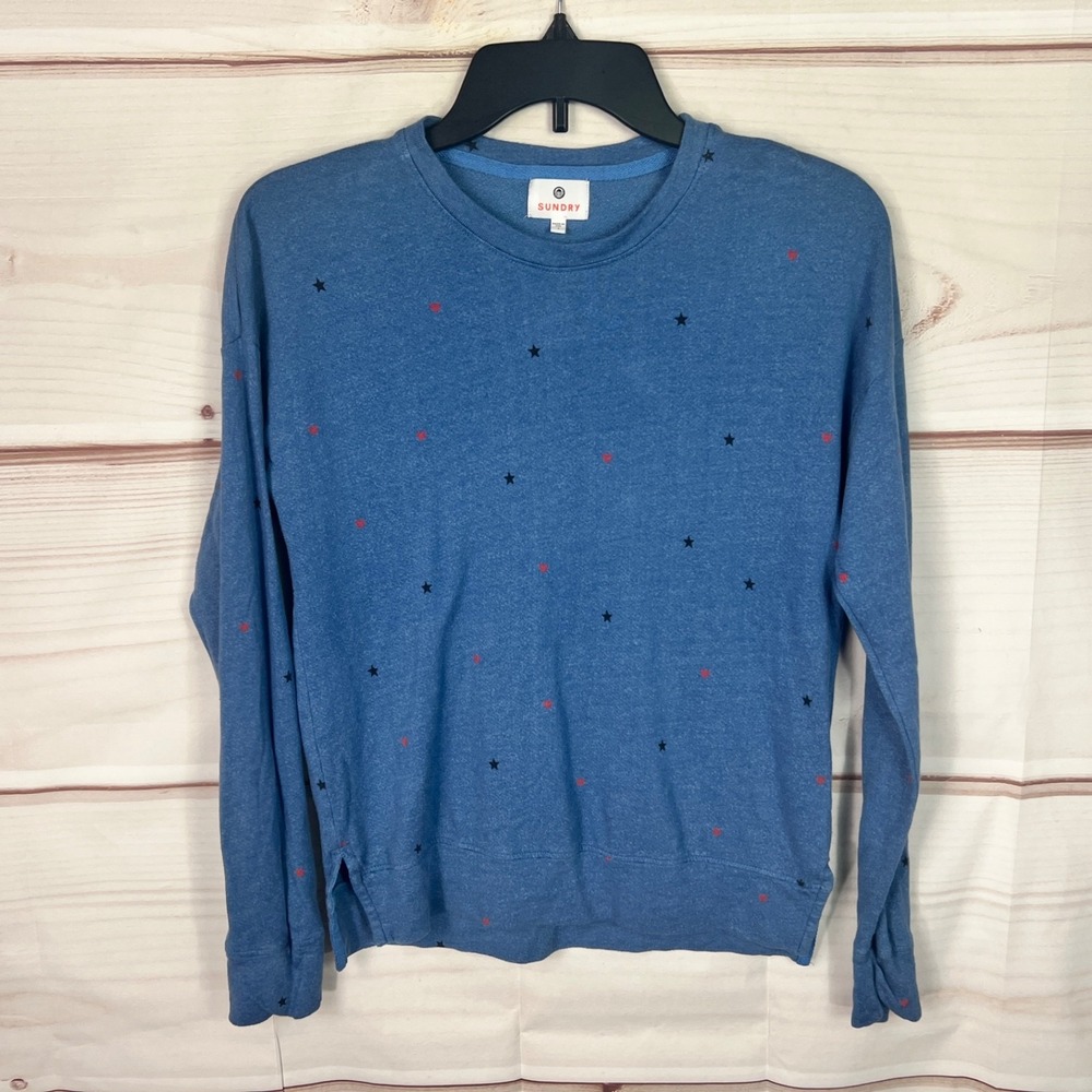 Sundry Top Womens 1 Small Blue Star Heart Graphic Print Shirt Crew Neck Knit
